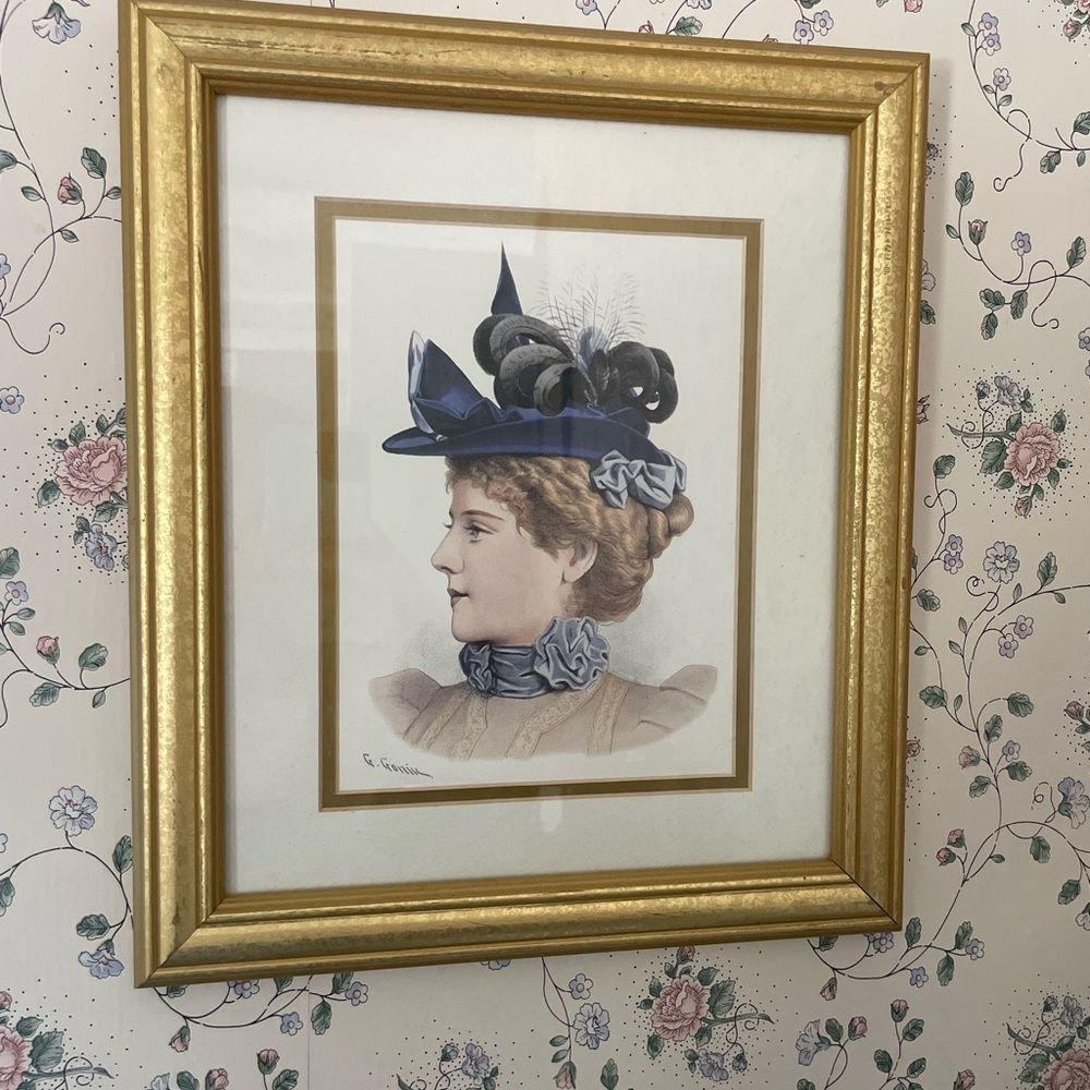 G Gonik 12x14 Victorian Lady Portrait in Gold Frame - Blue Hat Accent